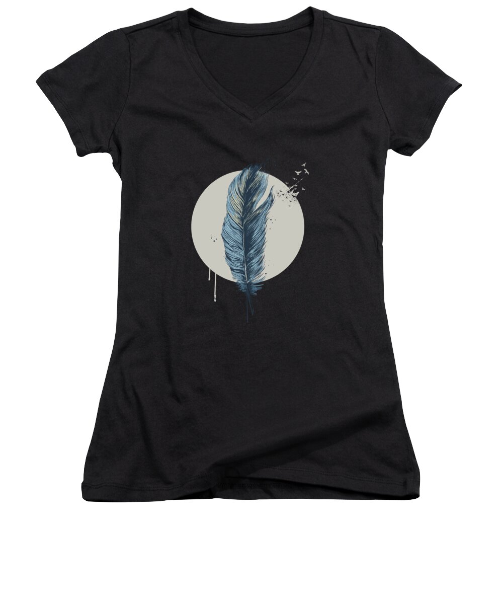 Feather Women's V-Neck featuring the mixed media Feather in a circle - dark by Balazs Solti