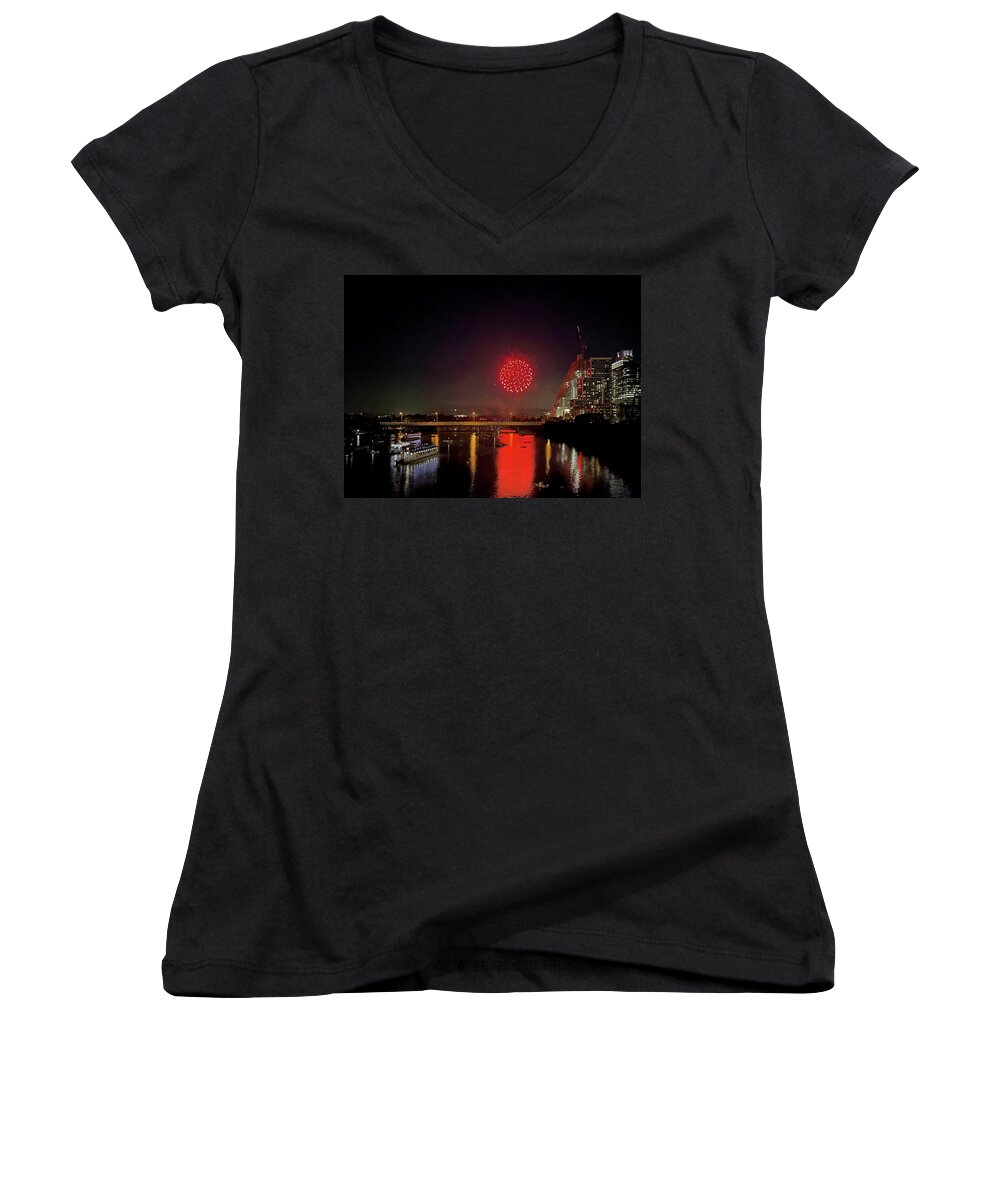 Fireworks Women's V-Neck featuring the photograph Fireworks in Austin by Judy Vincent