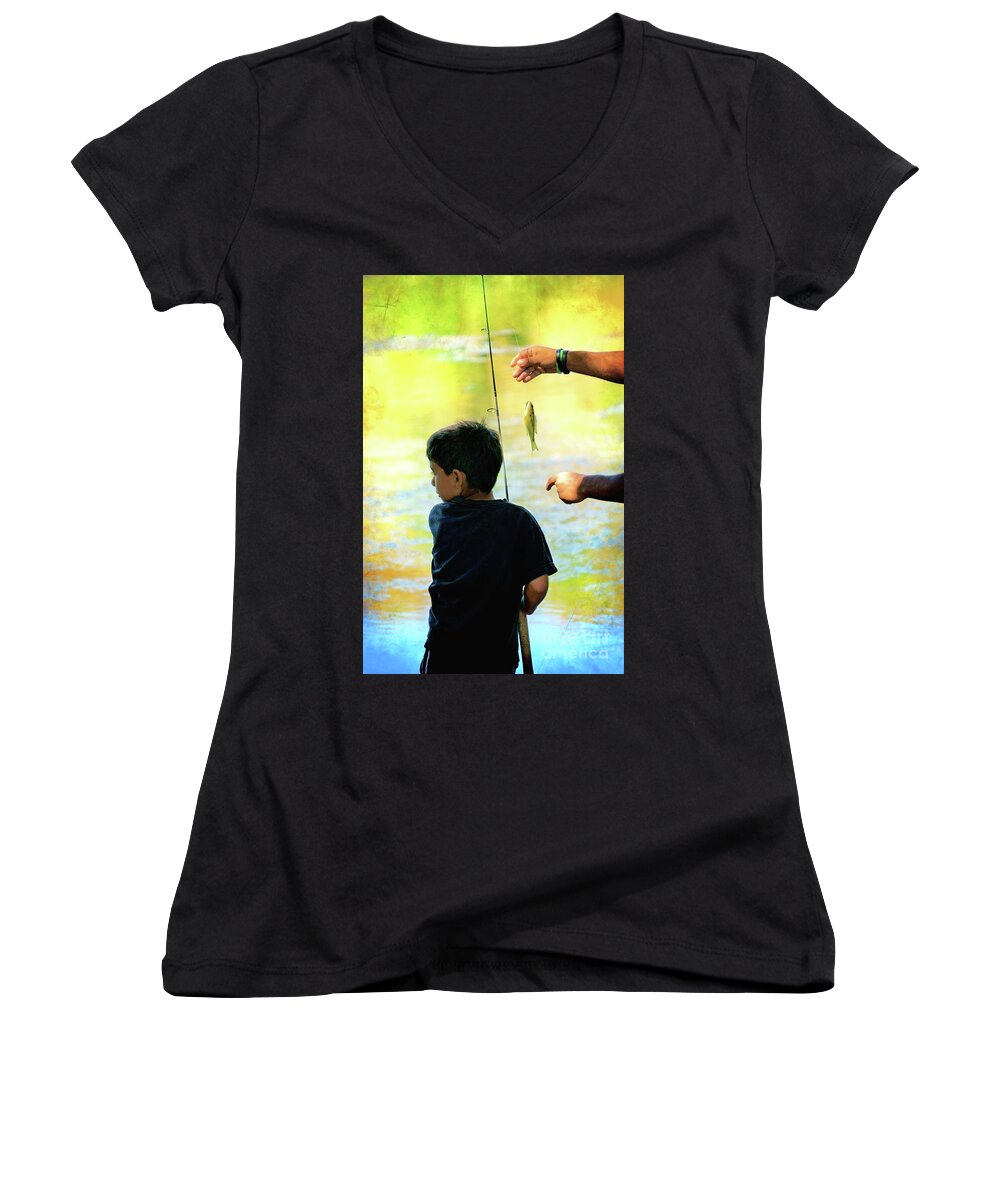 Fish Women's V-Neck featuring the photograph Fishing at Sunset by Ellen Cotton