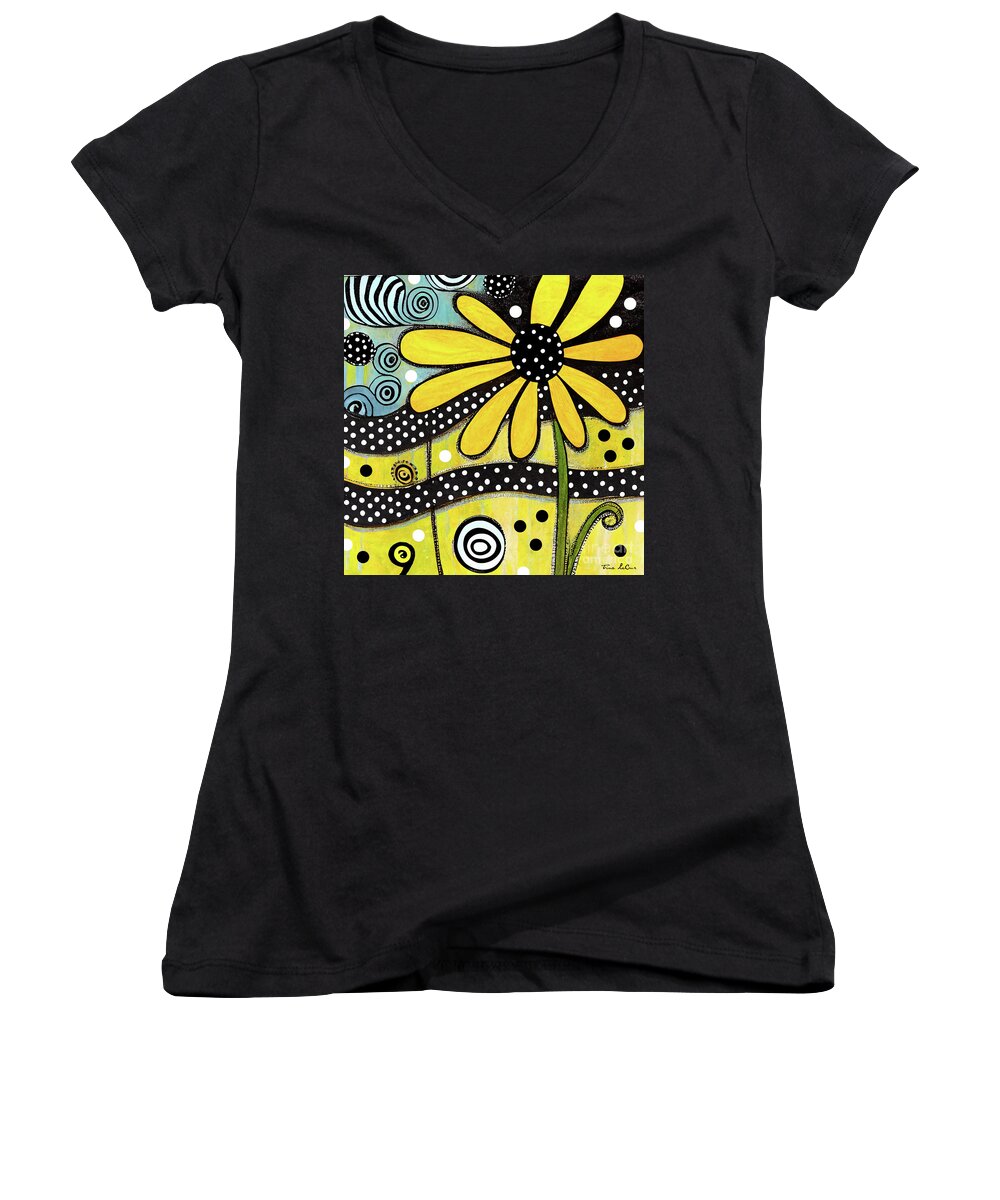 Yellow Daisy Women's V-Neck featuring the painting Flower Power Yellow Daisy by Tina LeCour