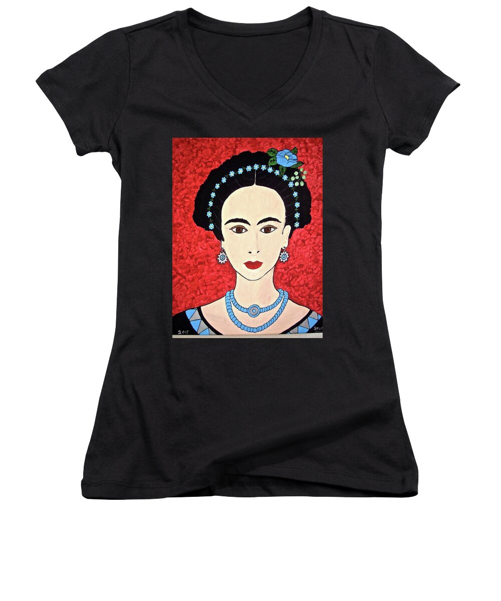 Woman Women's V-Neck featuring the mixed media Frida with blue flowers by Stephanie Moore
