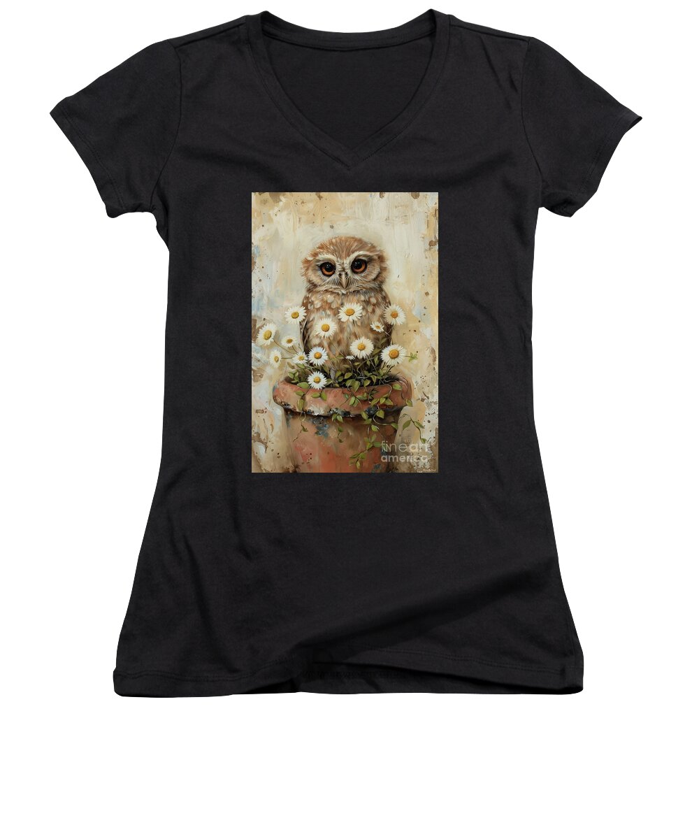 Owl Women's V-Neck featuring the painting Garden Owl by Tina LeCour
