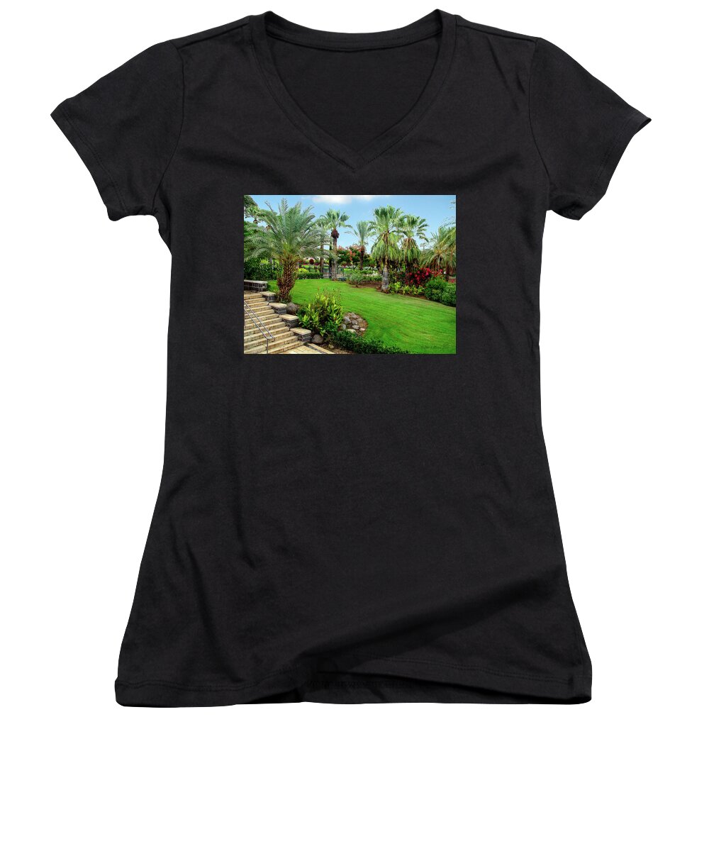 Israel Women's V-Neck featuring the photograph Gardens at Mount of Beatitudes Israel by Brian Tada
