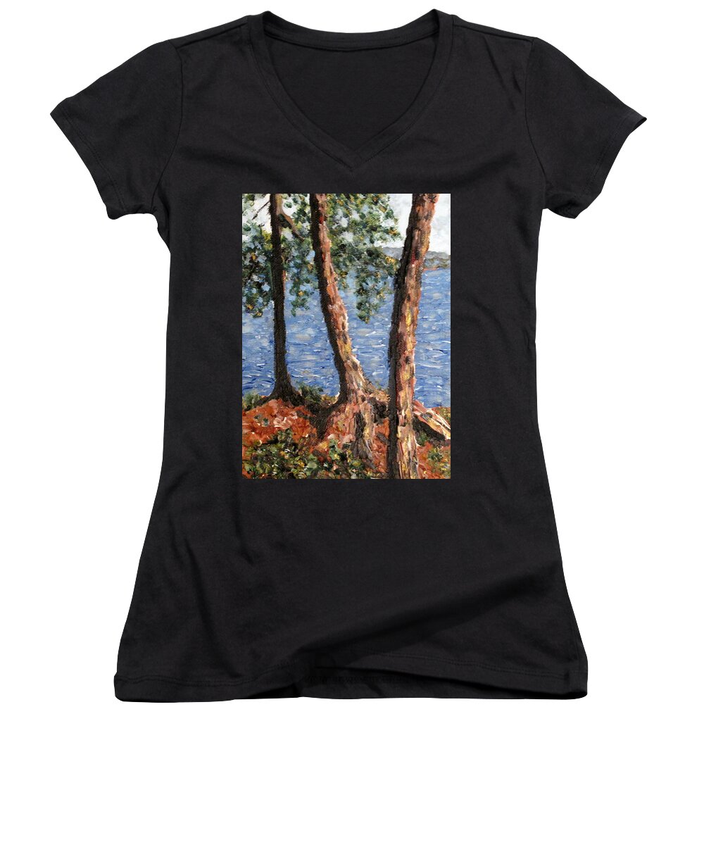 Pines Women's V-Neck featuring the painting Georgian Bay Jack Pines by Ian MacDonald