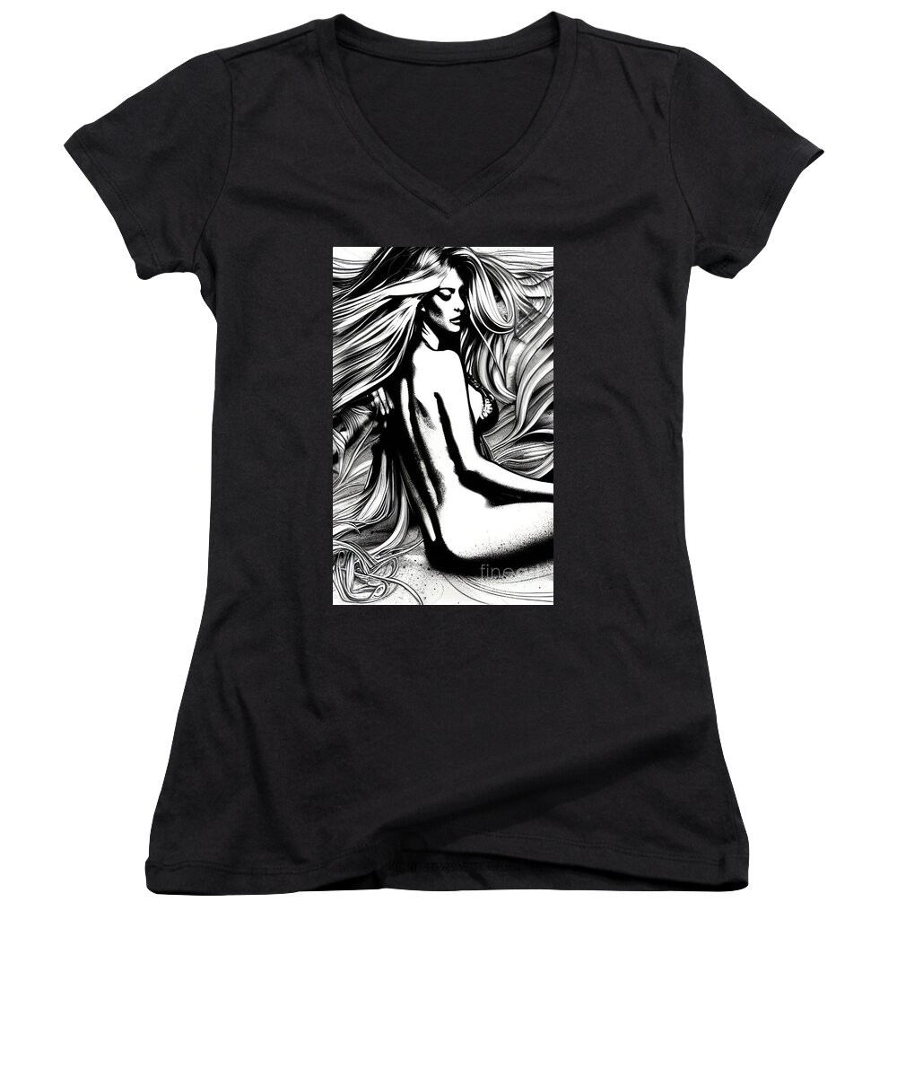 Artwork Women's V-Neck featuring the drawing Hair by JB Thomas