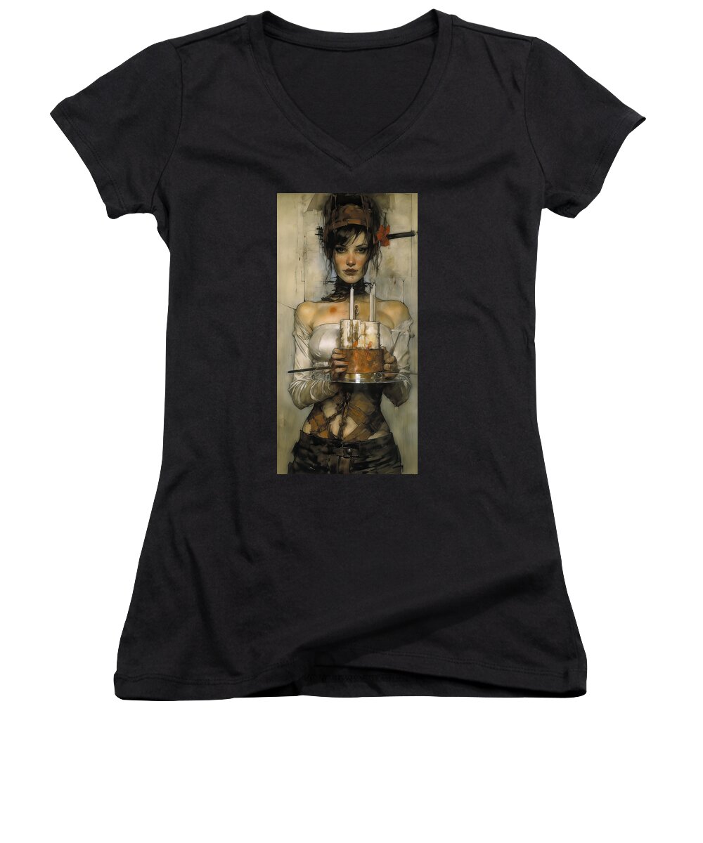Girl Women's V-Neck featuring the painting Happy Birthday Master No.7 by My Head Cinema