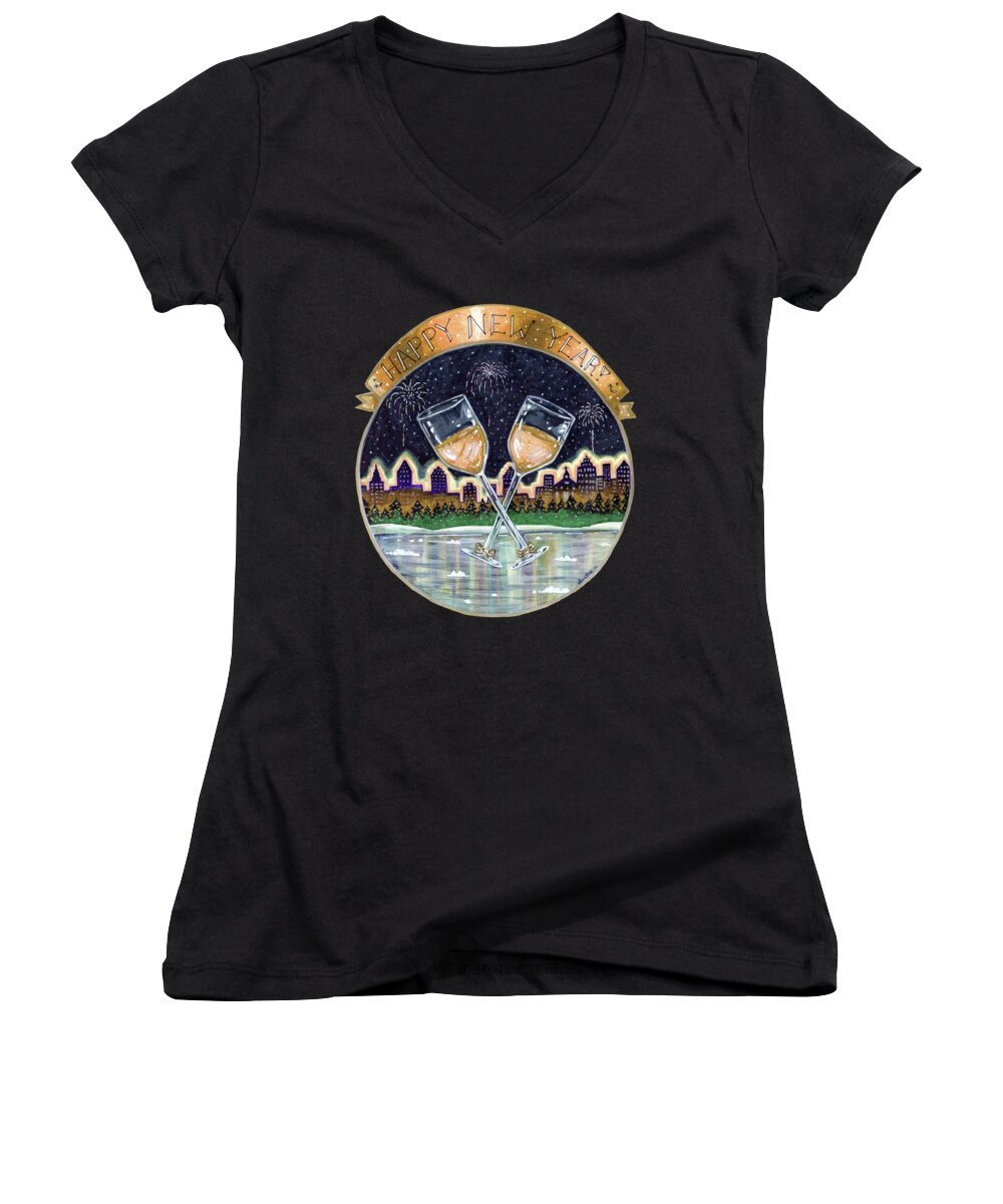 New Year Women's V-Neck featuring the drawing Happy New Year by Shana Rowe Jackson