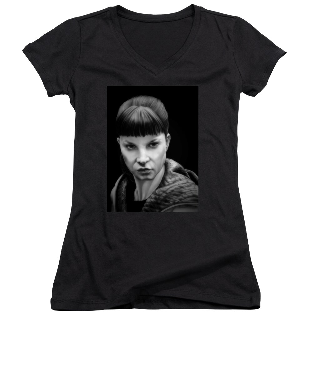 Blade Runner Women's V-Neck featuring the drawing I'm the Best One - Luv - Black and White Edition by Fred Larucci