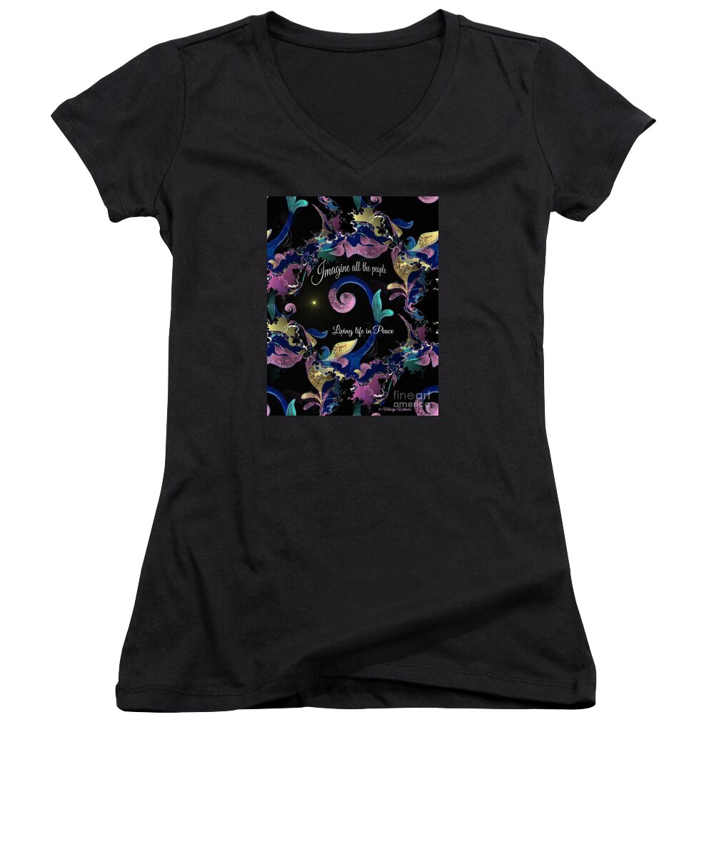 Imagine All The People Art Women's V-Neck featuring the mixed media Imagine Peace by Melodye Whitaker
