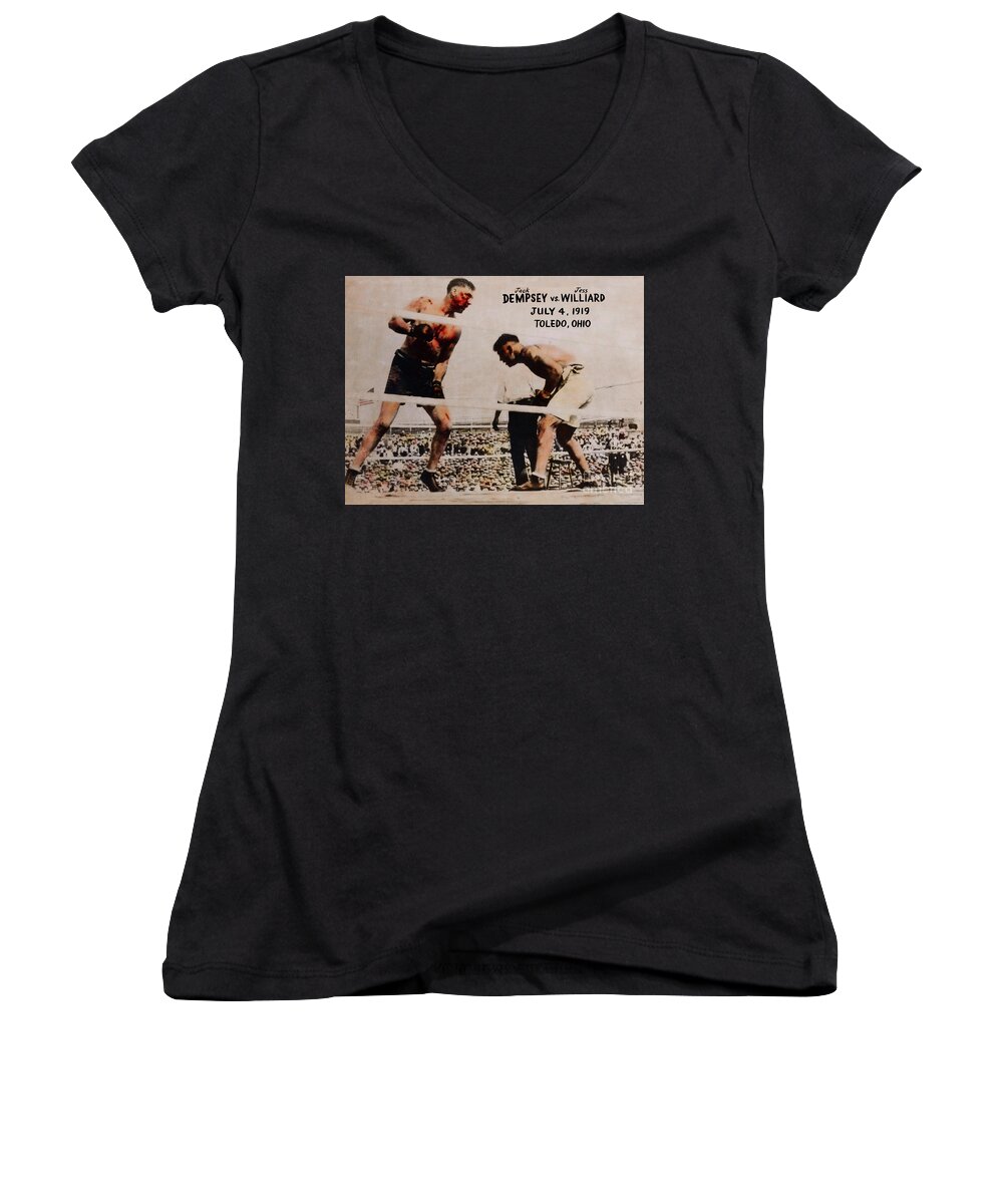 Dempsey Women's V-Neck featuring the photograph Jack Dempsey Vs. Jess Willard 1919 - The Most Brutal Fight In Hi by Doc Braham
