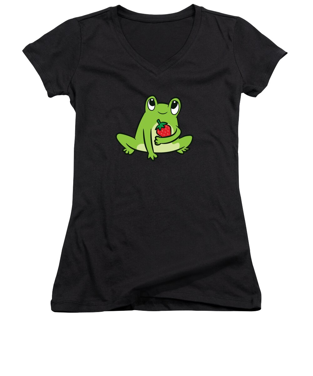Strawberry Women's V-Neck featuring the digital art Kawaii Frog Strawberry Summer Strawberry Frog by EQ Designs
