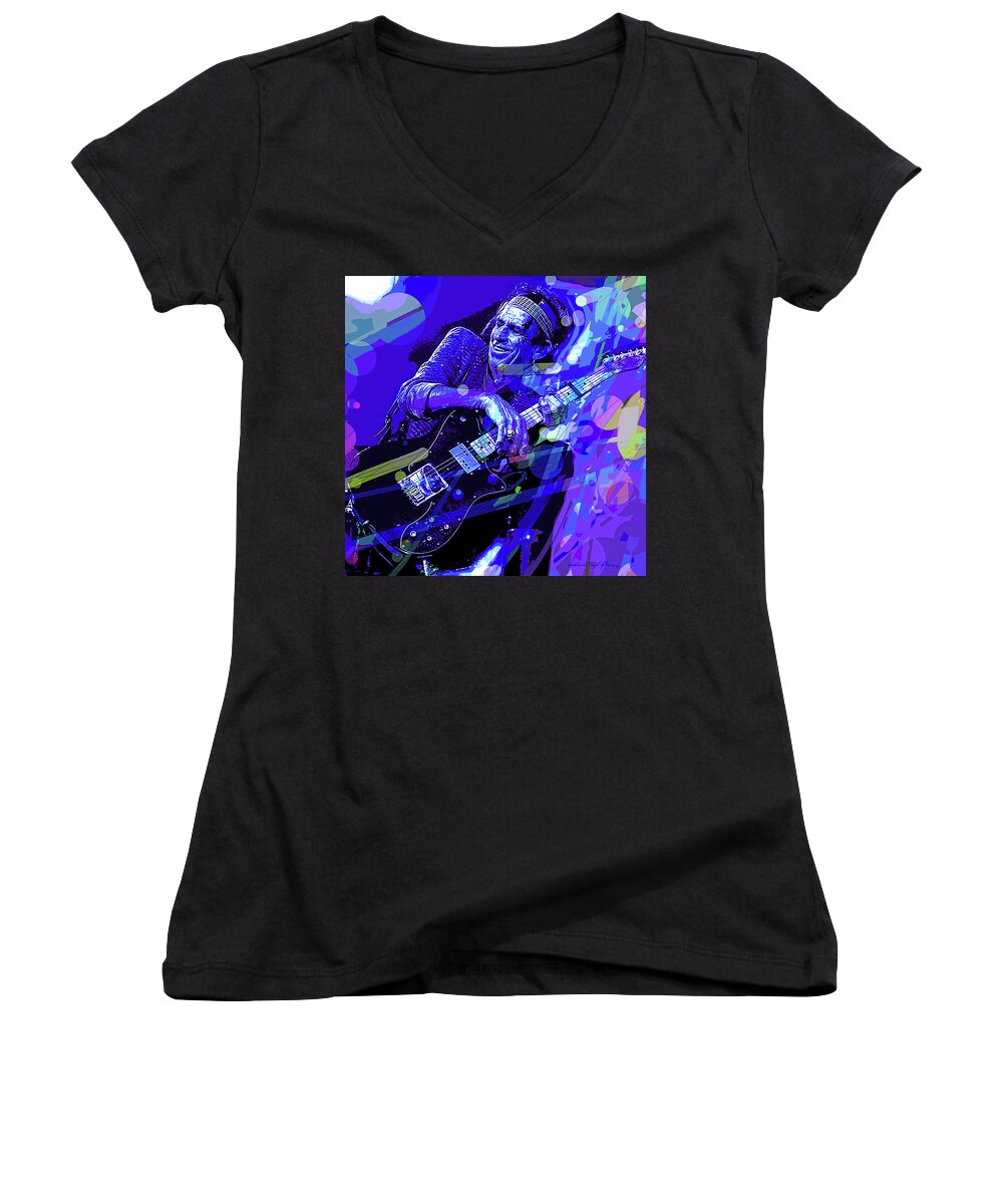 Pop Art Women's V-Neck featuring the painting Keith Richards Blue by David Lloyd Glover