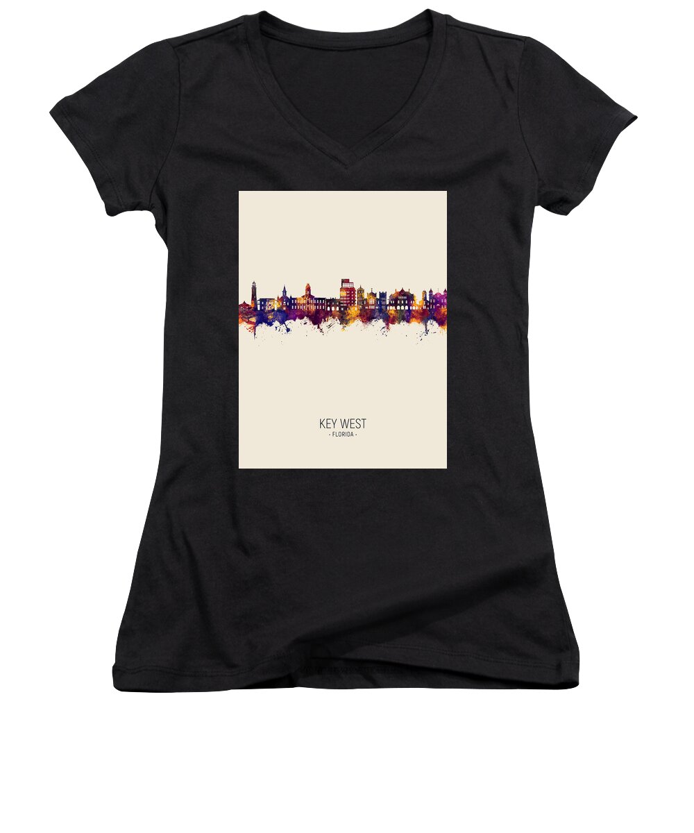 Key West Women's V-Neck featuring the digital art Key West Florida Skyline #12 by Michael Tompsett