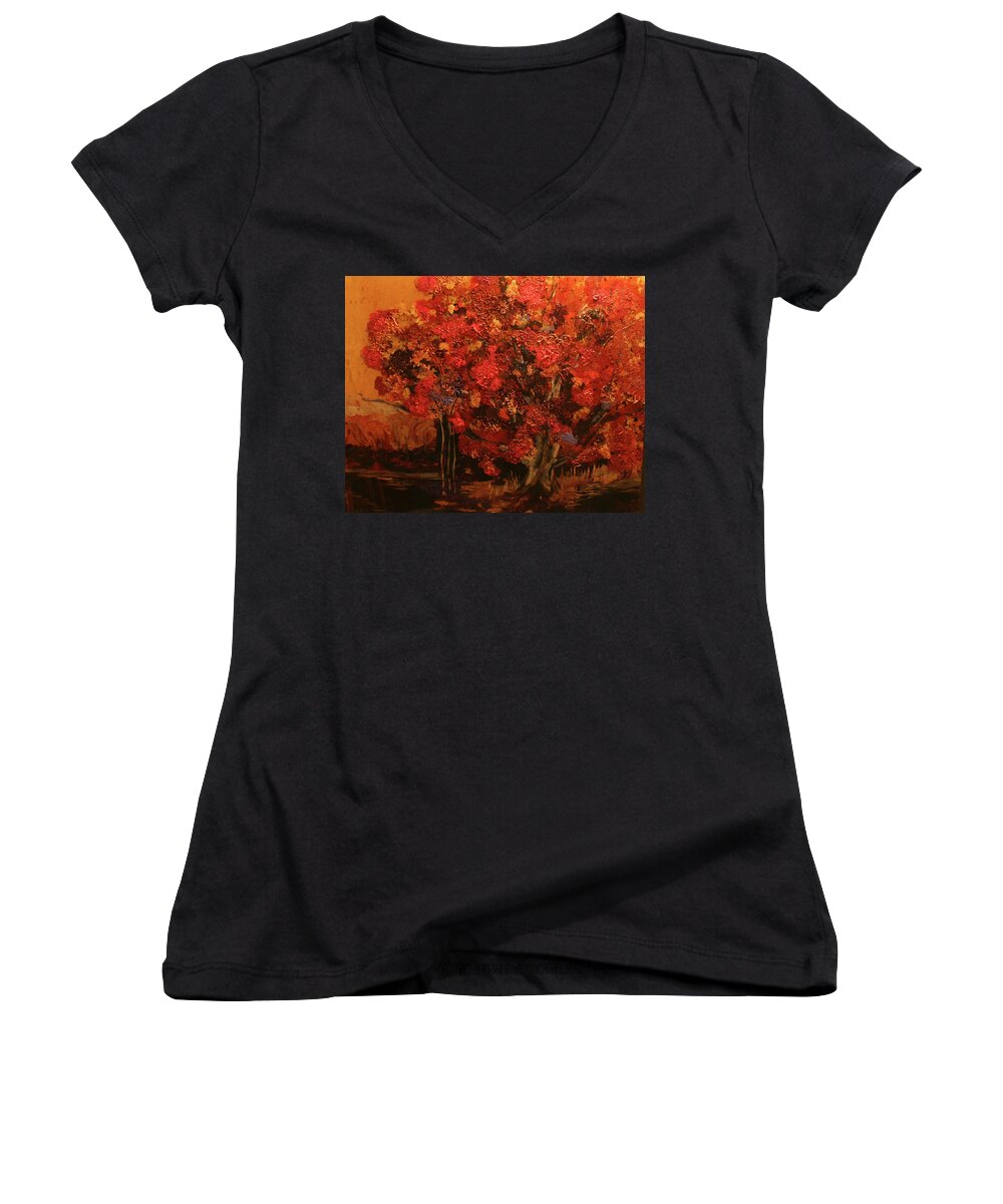 Autumn Women's V-Neck featuring the painting Ladies in Red by Marilyn Quigley