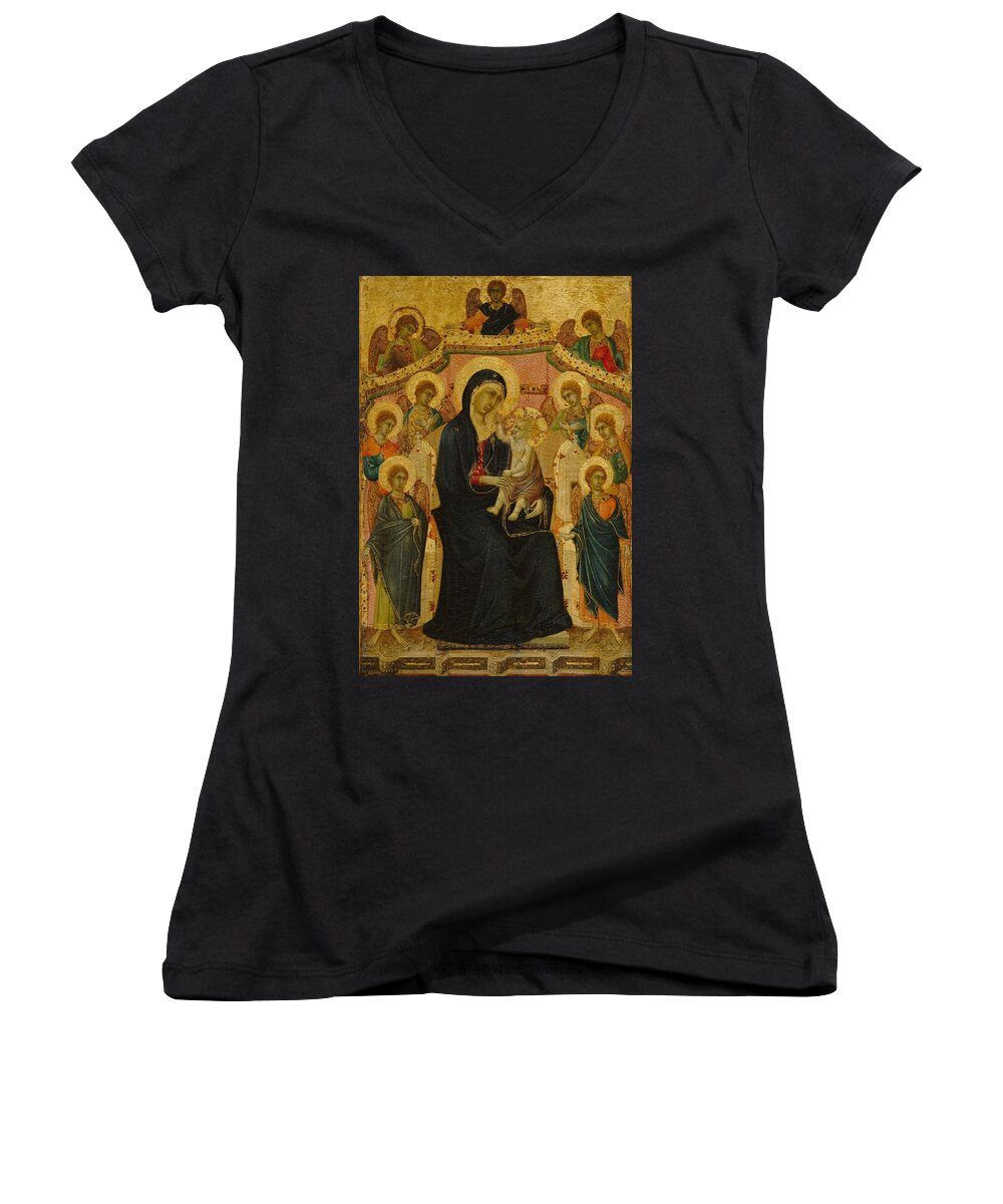  Valentines Women's V-Neck featuring the drawing Madonna and Child with Nine Angels ca by Segna di Buonaventura Italian active