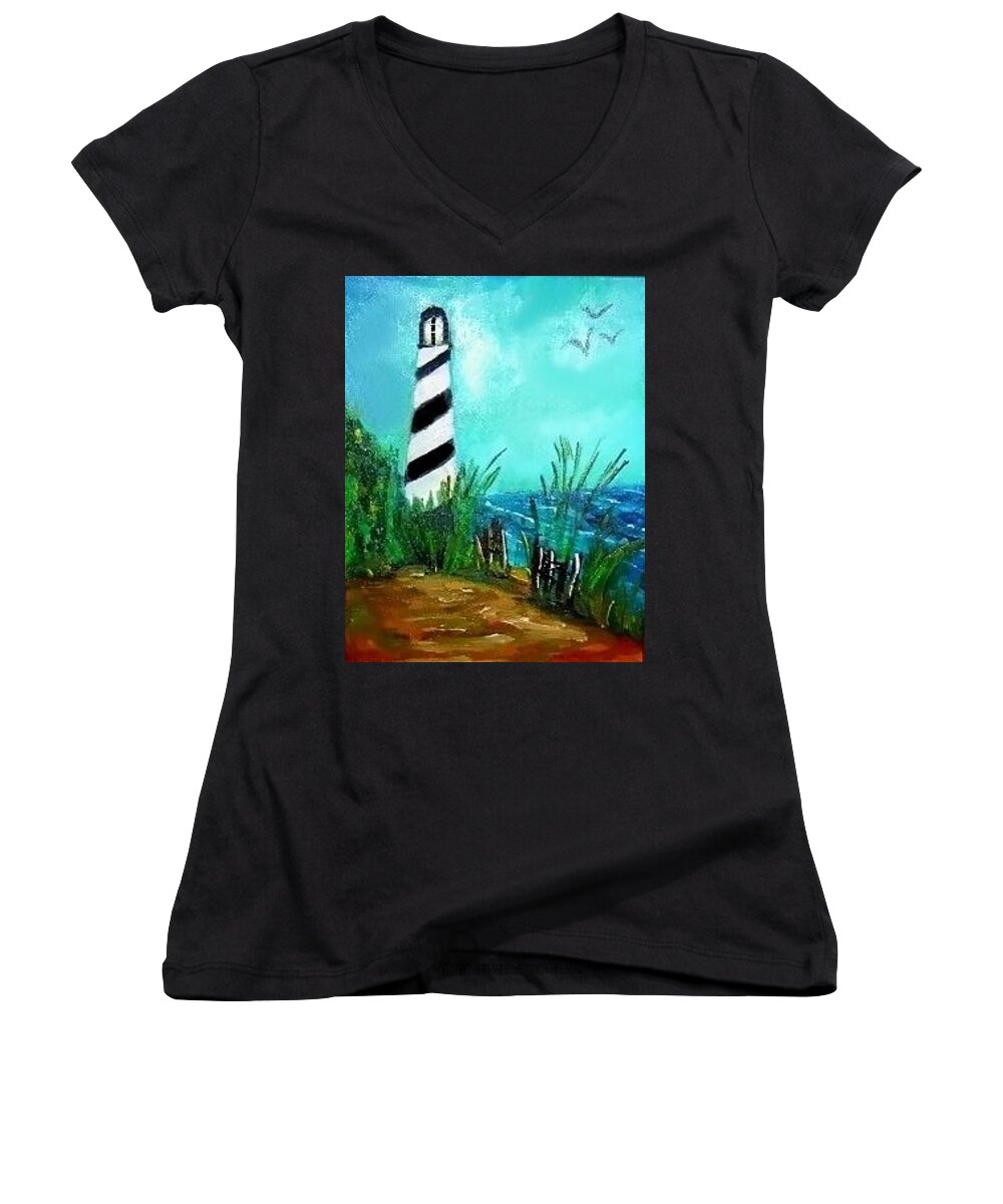 Margaret's Paintings Women's V-Neck featuring the painting Maine Lighthouse by Margaret Harmon