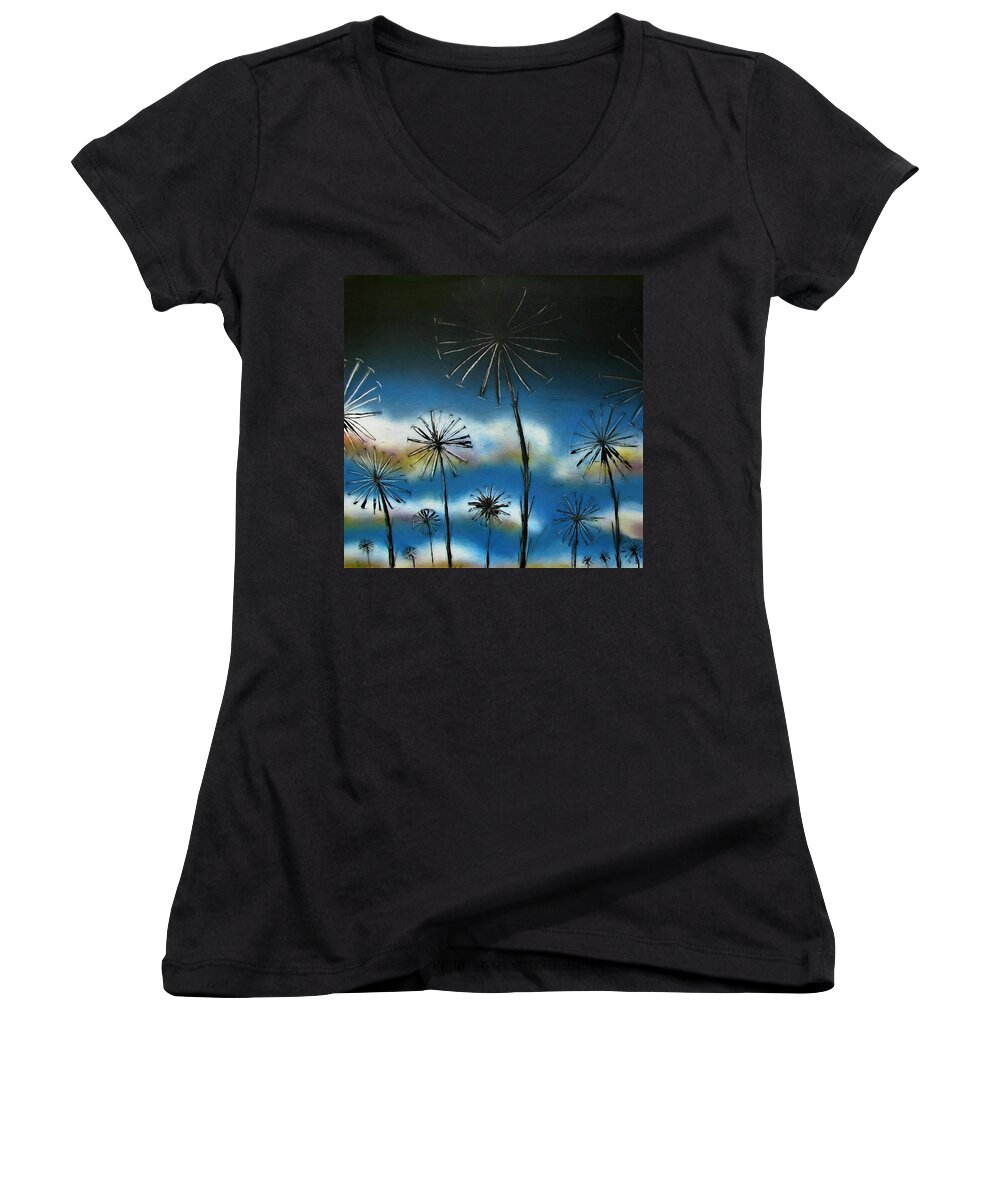Painted View Women's V-Neck featuring the painting Meadow at Dawn by Joan Stratton