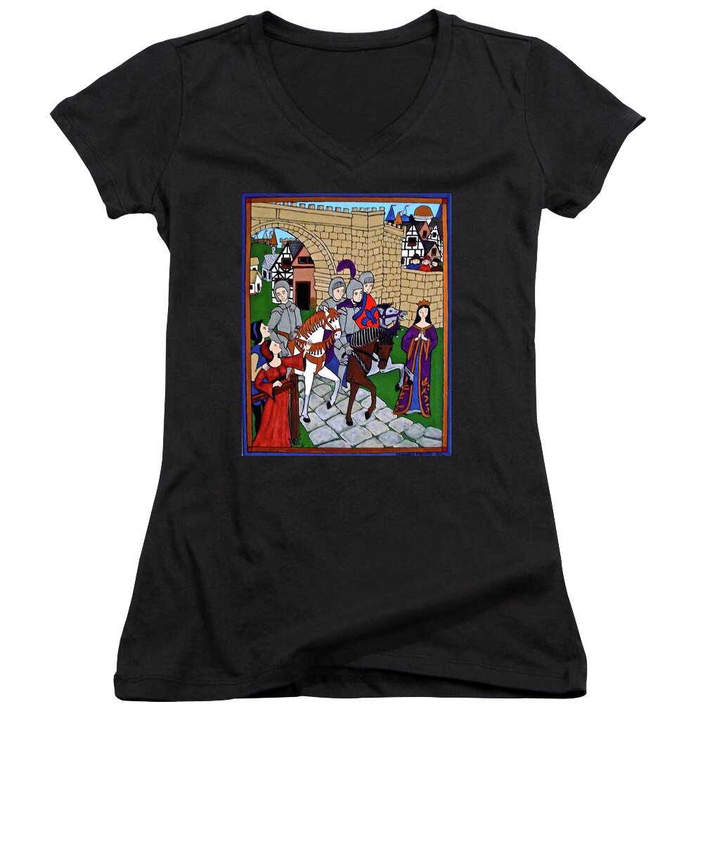 Castle Women's V-Neck featuring the painting Medieval Knights by Stephanie Moore