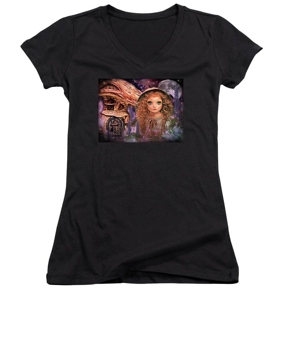 Art Women's V-Neck featuring the digital art Midnight at the Fairy Garden by Artful Oasis