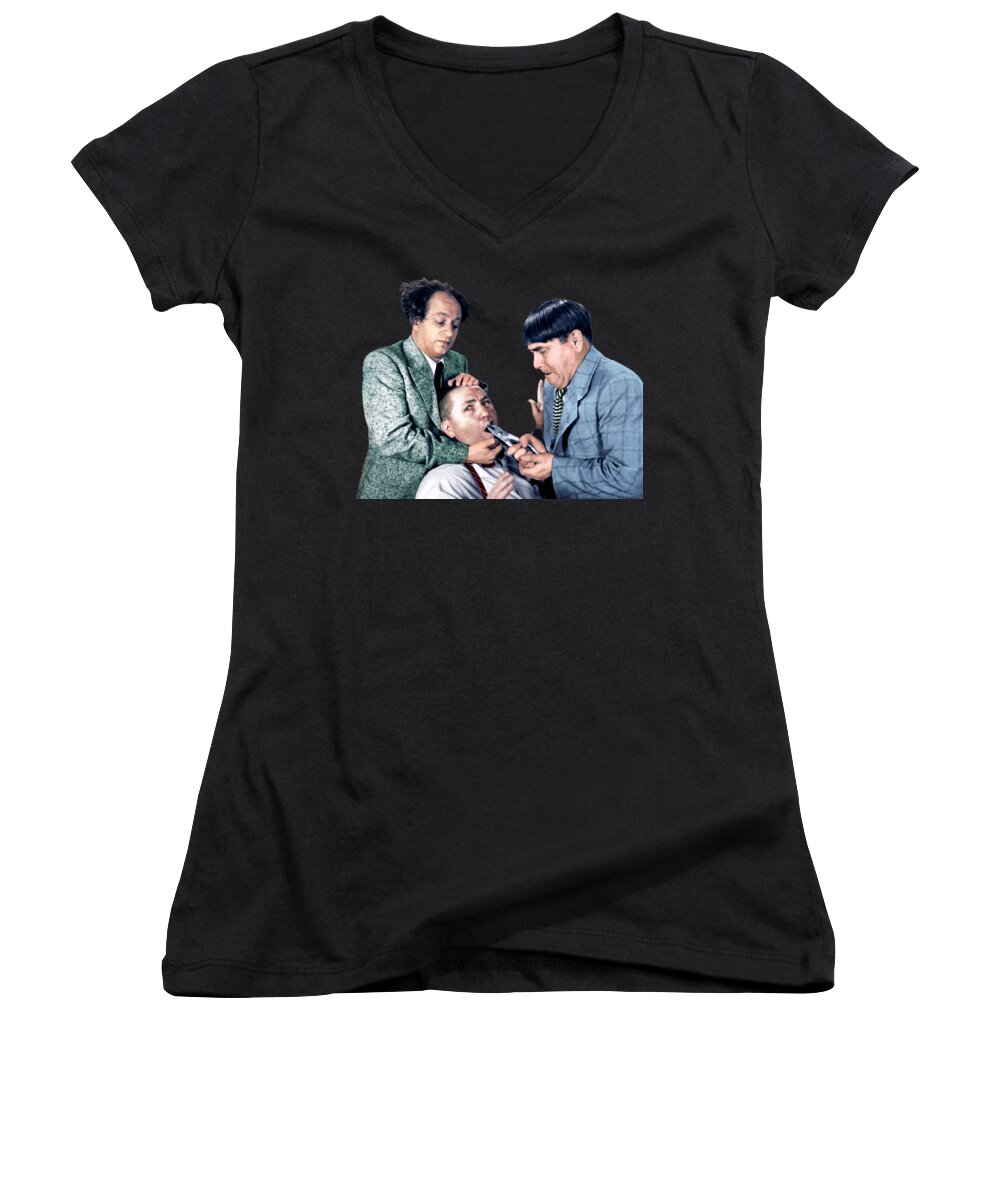The Dentist Women's V-Neck featuring the photograph Moe The Dentist Three Stooges by Franchi Torres