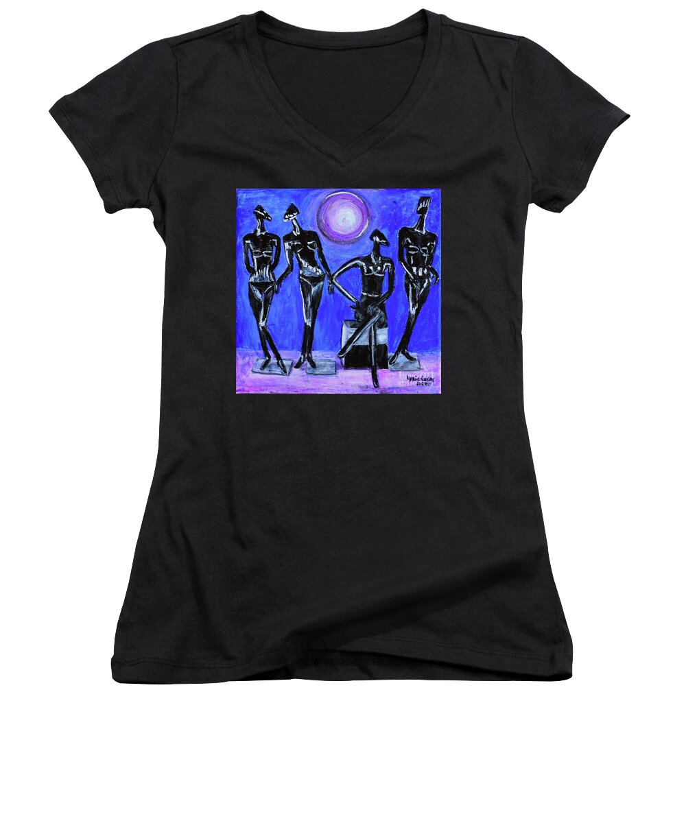 Abstract Women's V-Neck featuring the painting Moonlight Tableau by Lyric Lucas