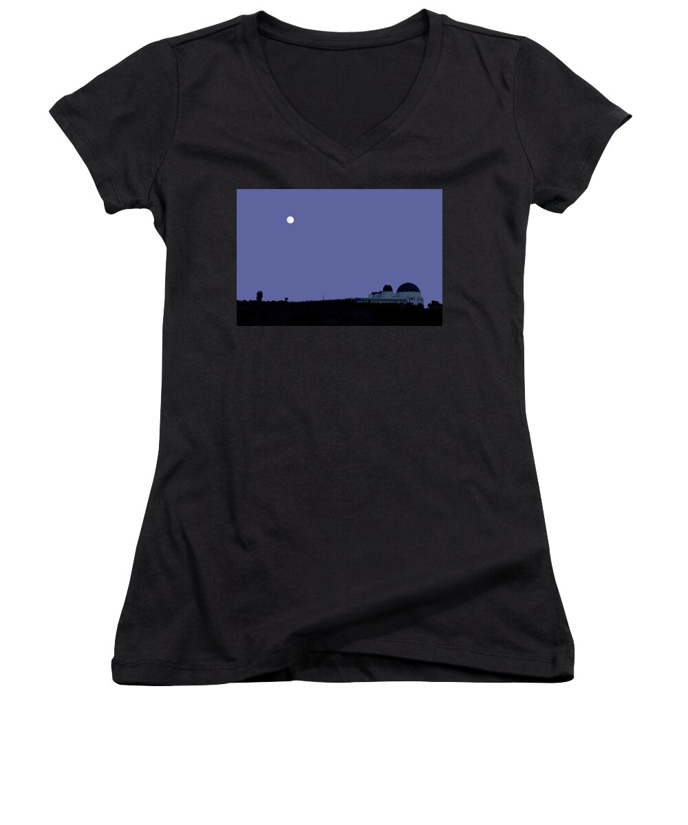 Griffith Observatory Women's V-Neck featuring the photograph Moonrise at Blue Hour over Griffith Observatory in Los Angeles by Ram Vasudev