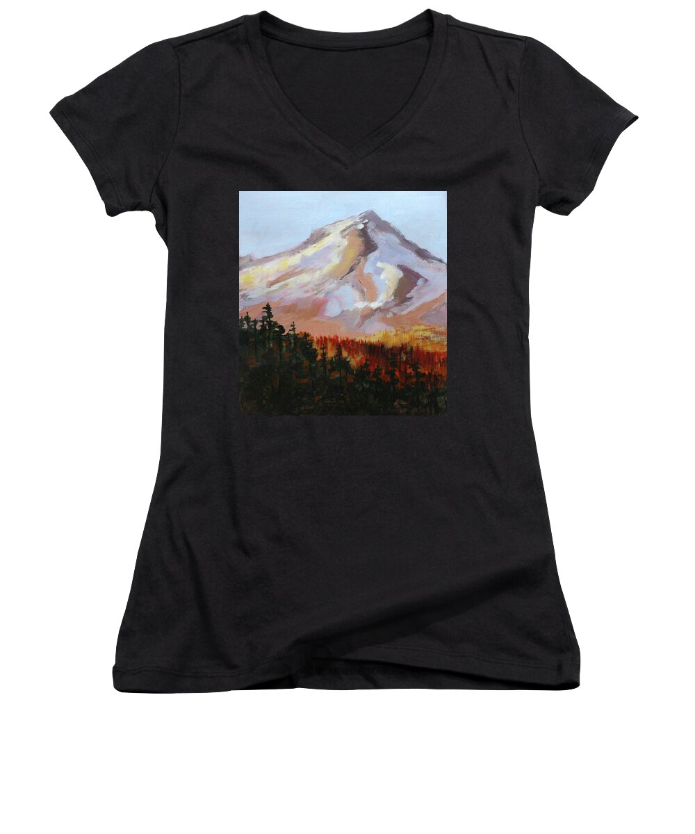 Mount Hood Women's V-Neck featuring the painting Mount Hood View by Nancy Merkle