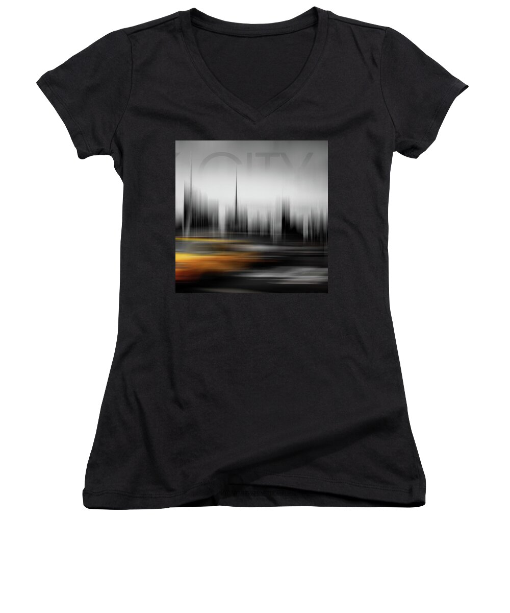 Abstract Photography Women's V-Neck featuring the photograph New York City Cabs Abstract Triptych_3 by Az Jackson