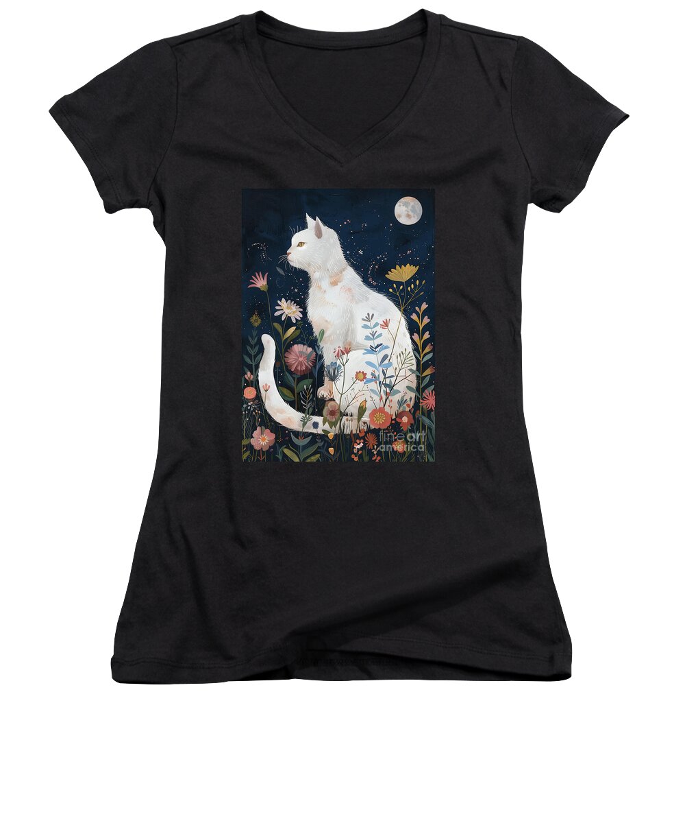 Cat Women's V-Neck featuring the digital art Night Moves by Carlos Diaz