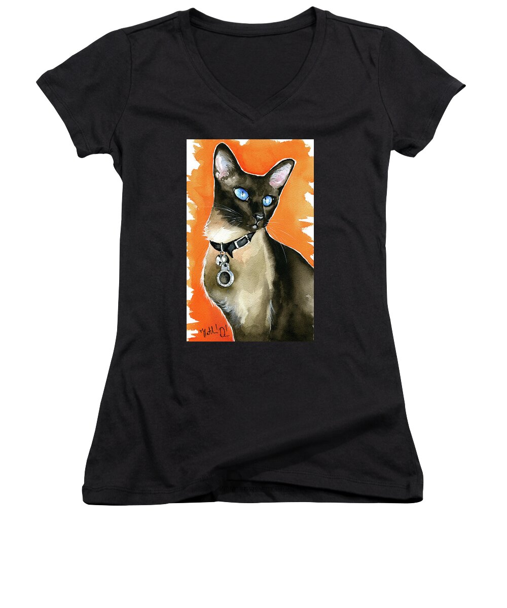 Siamese Women's V-Neck featuring the painting Nina Siamese Cat Painting by Dora Hathazi Mendes
