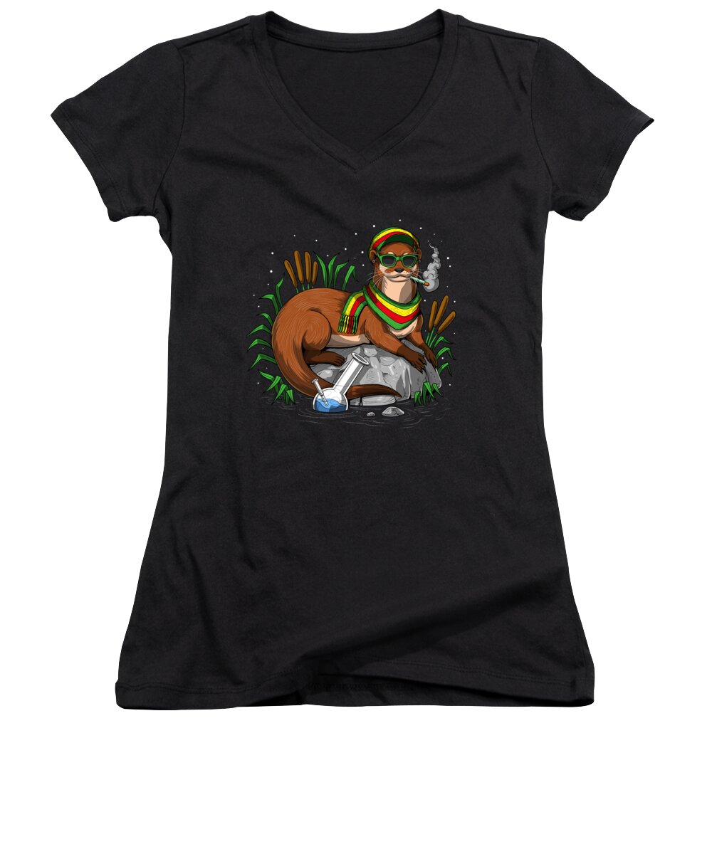 Cannabis Women's V-Neck featuring the digital art Otter Smoking Weed by Nikolay Todorov