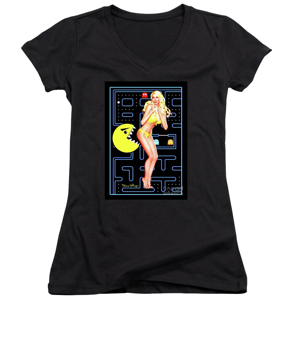 Pacman Women's V-Neck featuring the digital art Pacman Girl - Once Bitten... by Alicia Hollinger
