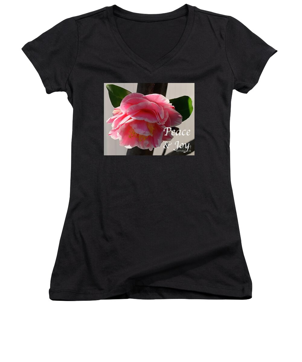 Floral Women's V-Neck featuring the digital art Peace and Joy - Pink And White Camellia Bloom by Kirt Tisdale