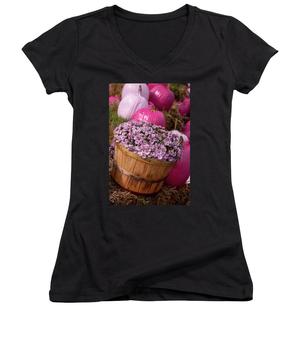 Autumn Women's V-Neck featuring the photograph Pink Mums with Pink Pumpkins by Teri Virbickis