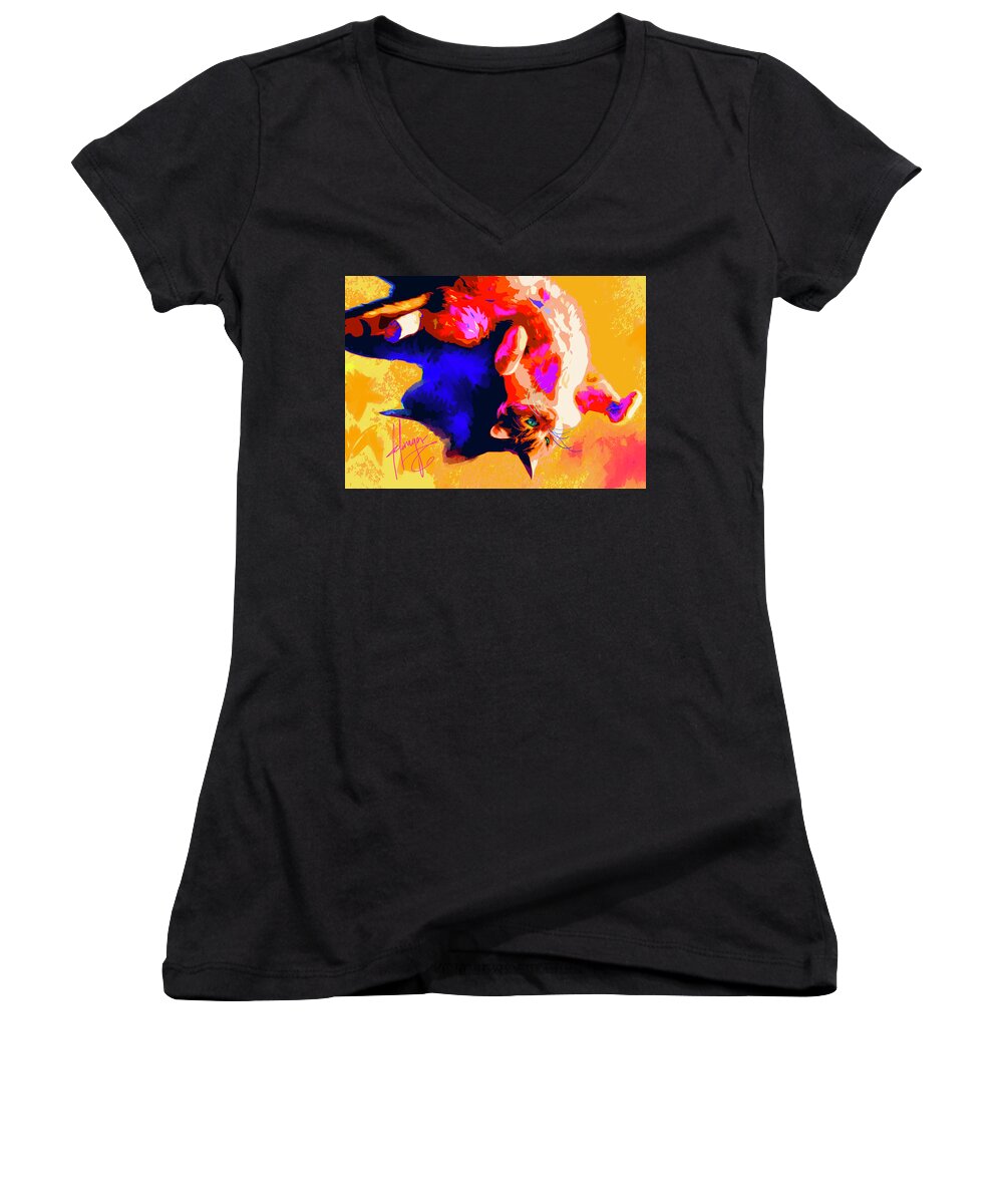 Julius Women's V-Neck featuring the painting pOpCat Julius by DC Langer