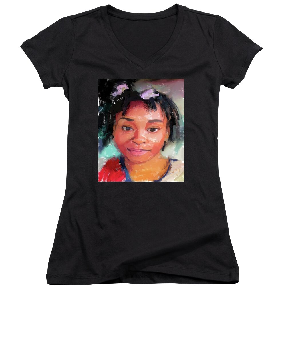 Portrait Women's V-Neck featuring the painting Portrait of a young girl with purple ribbons in hair smiling and nose ring in color vibrancy festiva by Mendyz