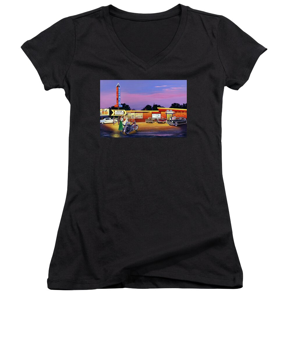 Prom Women's V-Neck featuring the painting Prom Night - Vic and Al's by Randy Welborn