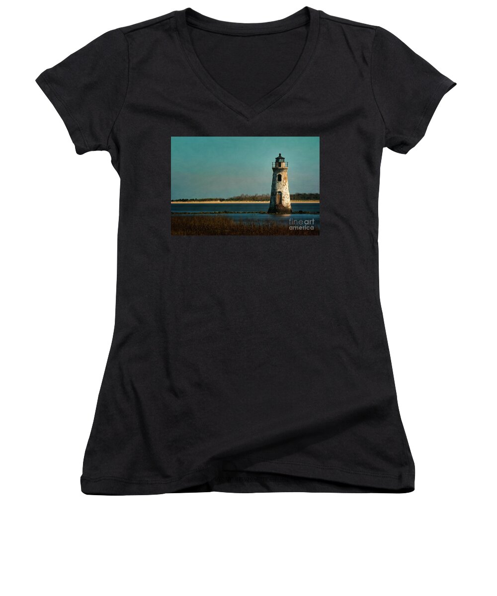 Cockspur Lighthouse Women's V-Neck featuring the photograph Quietly Out Of Commission by Doug Sturgess