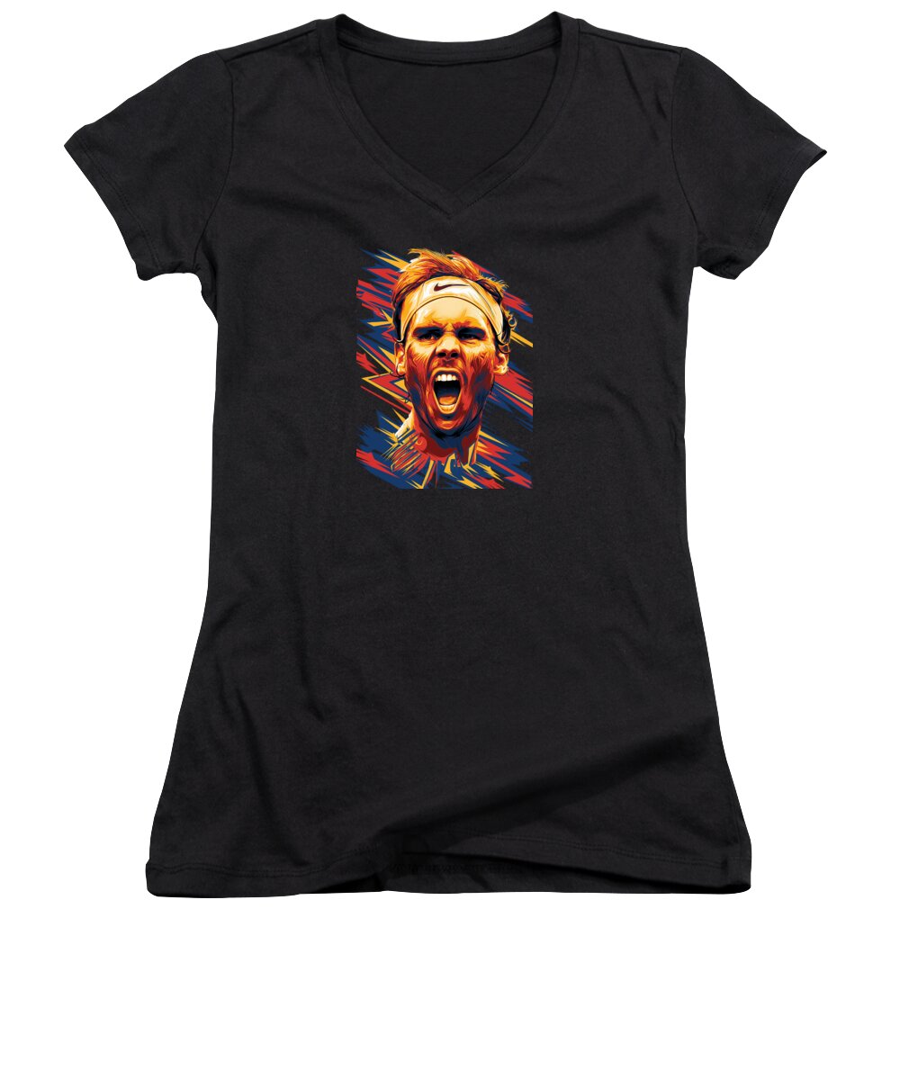 Rafael Nadal Women's V-Neck featuring the drawing Rafael Nadal by Stephen Zehner