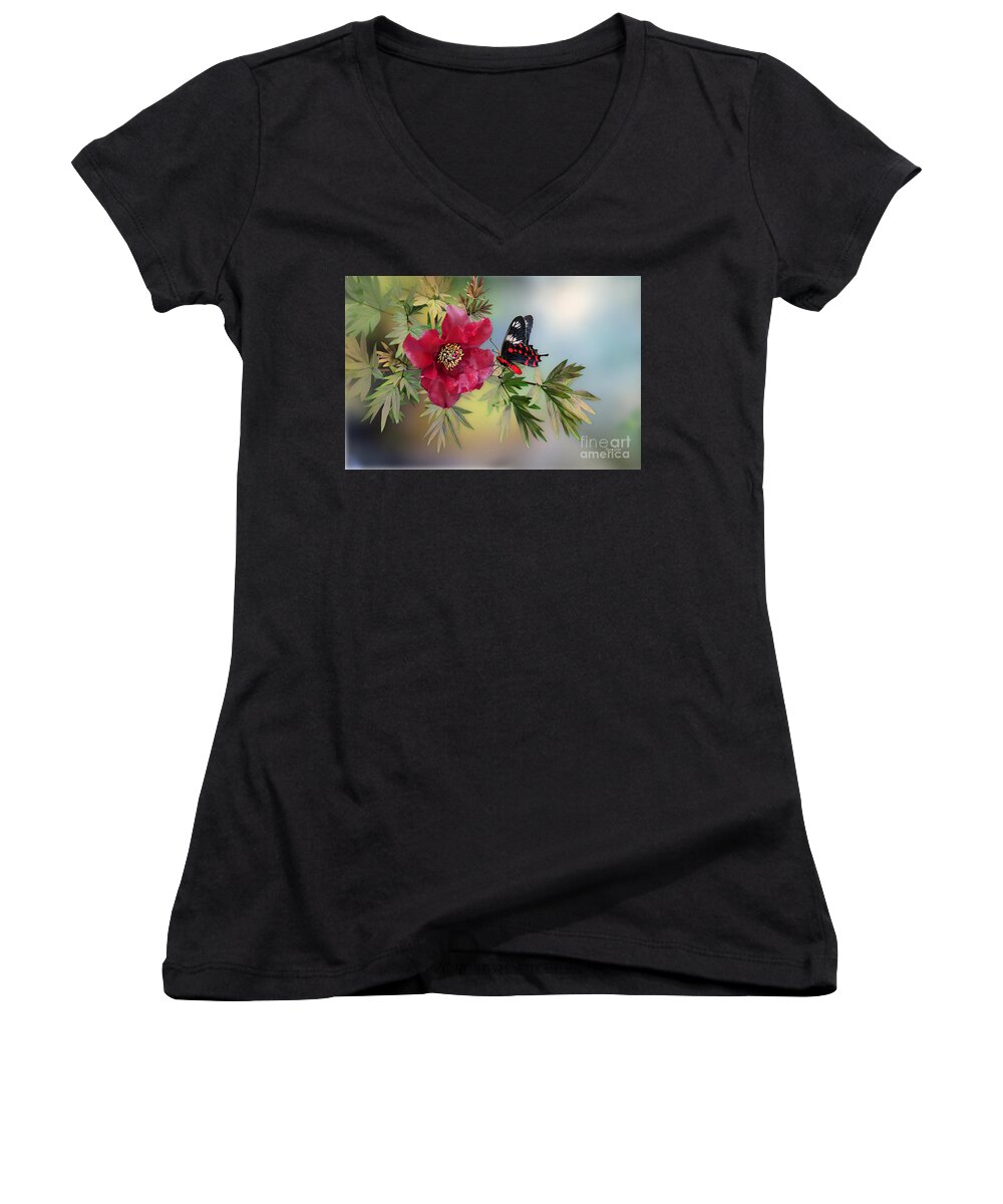 Red Flower Women's V-Neck featuring the mixed media Red Attraction by Morag Bates
