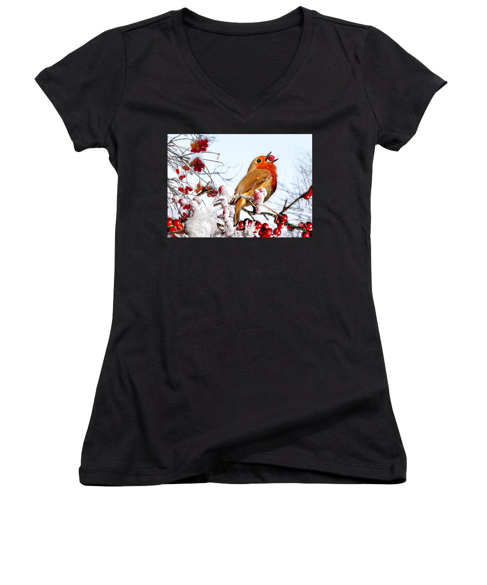 Robin Women's V-Neck featuring the mixed media Robin and Berries in Snow by Morag Bates