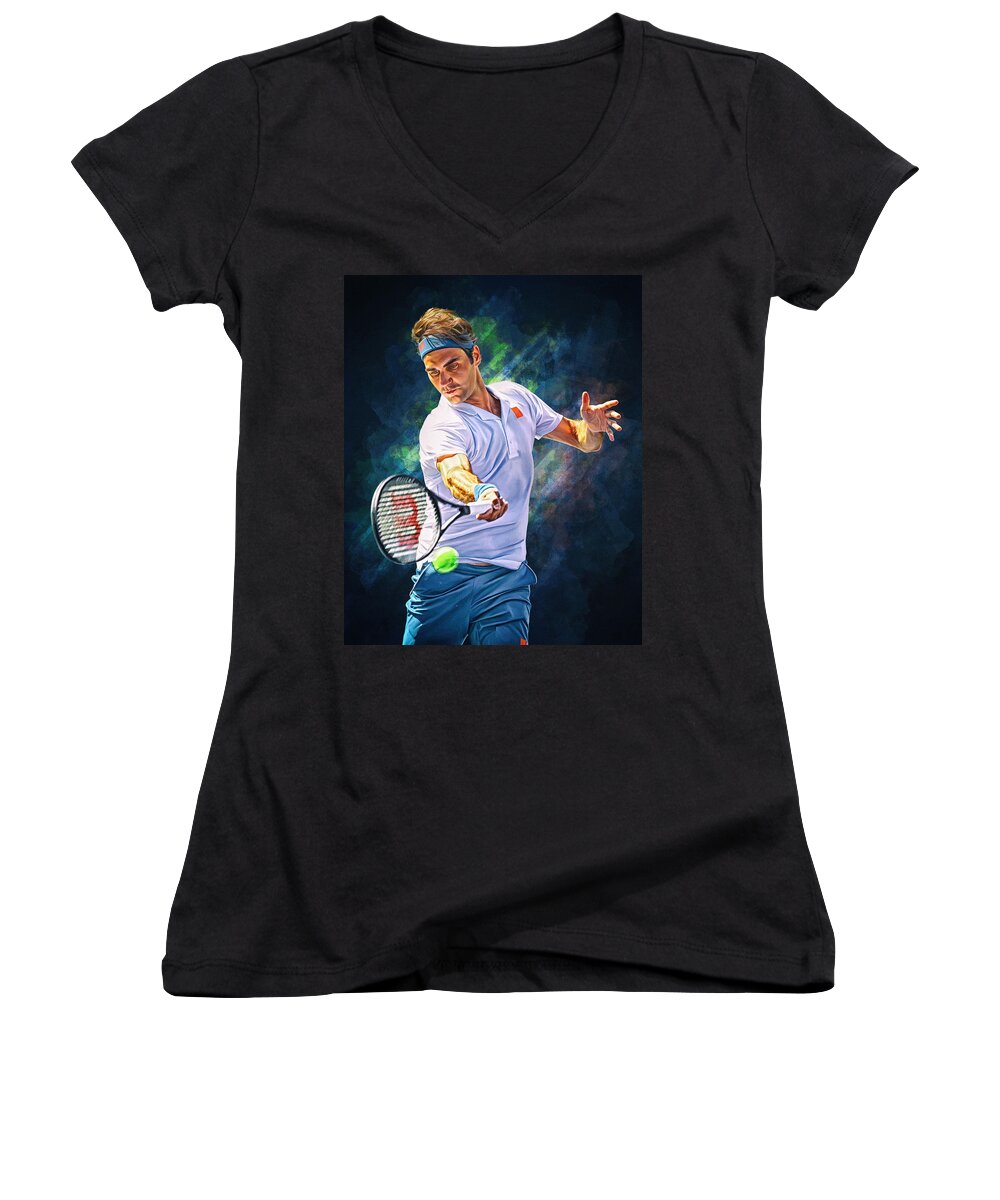 Roger Federer Women's V-Neck featuring the digital art Roger Federer. Digital artwork print. Tennis fan art gift. by Samuil Brannan