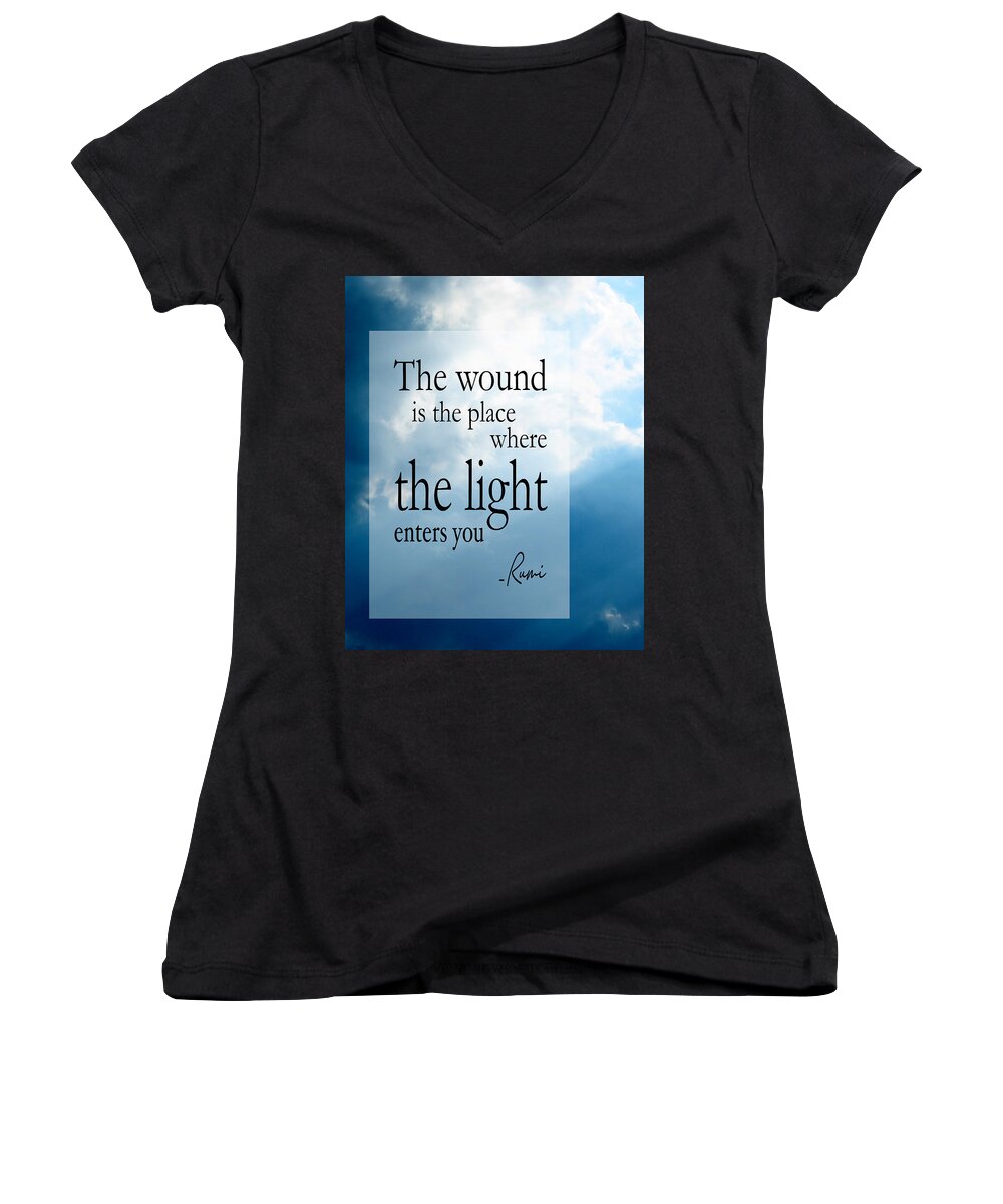 Rumi Women's V-Neck featuring the digital art Rumi's The Wound Quote - Sky Background by Ginny Gaura