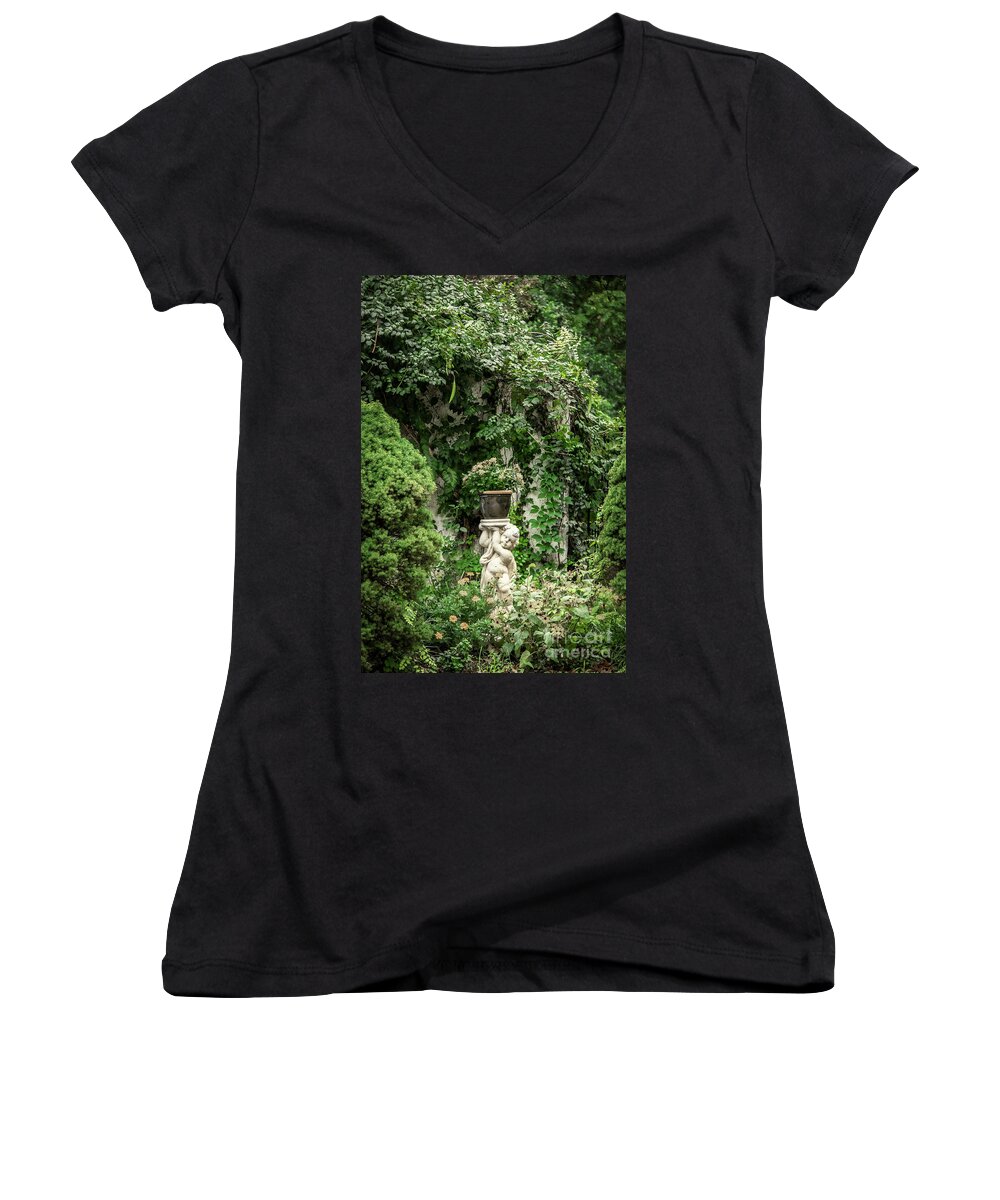 Romance Women's V-Neck featuring the photograph Secret Garden With Cupid by Susan Vineyard