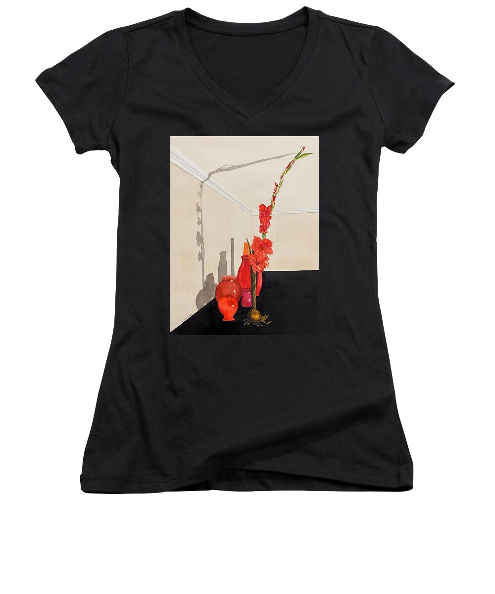 Still Life Women's V-Neck featuring the painting Shadowplay by Susan Bauer