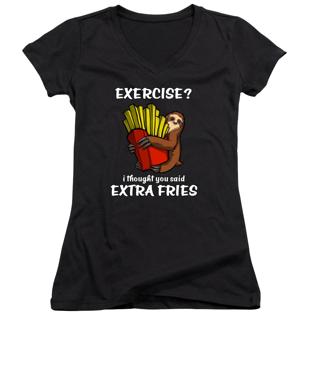 Exercise Extra Fries Women's V-Neck featuring the digital art Sloth Exercise I Thought You Said Extra Fries by Nikolay Todorov
