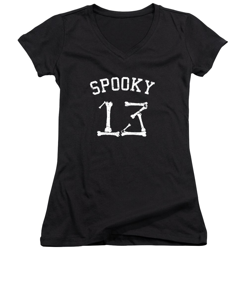 Funny Women's V-Neck featuring the digital art Spooky 13 Halloween Jersey by Flippin Sweet Gear