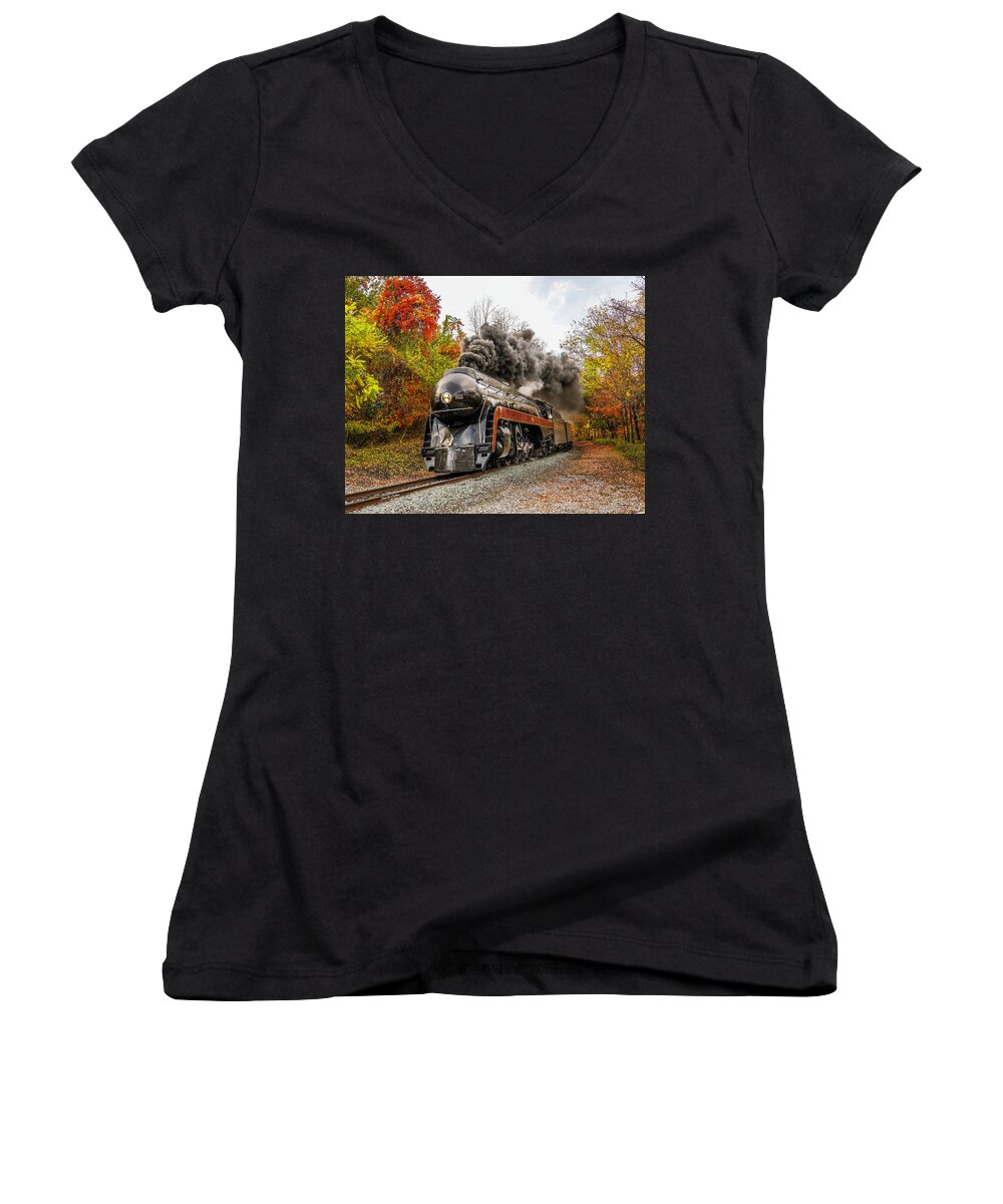 Steam Engine Women's V-Neck featuring the photograph Steaming in the Valley by Dale R Carlson