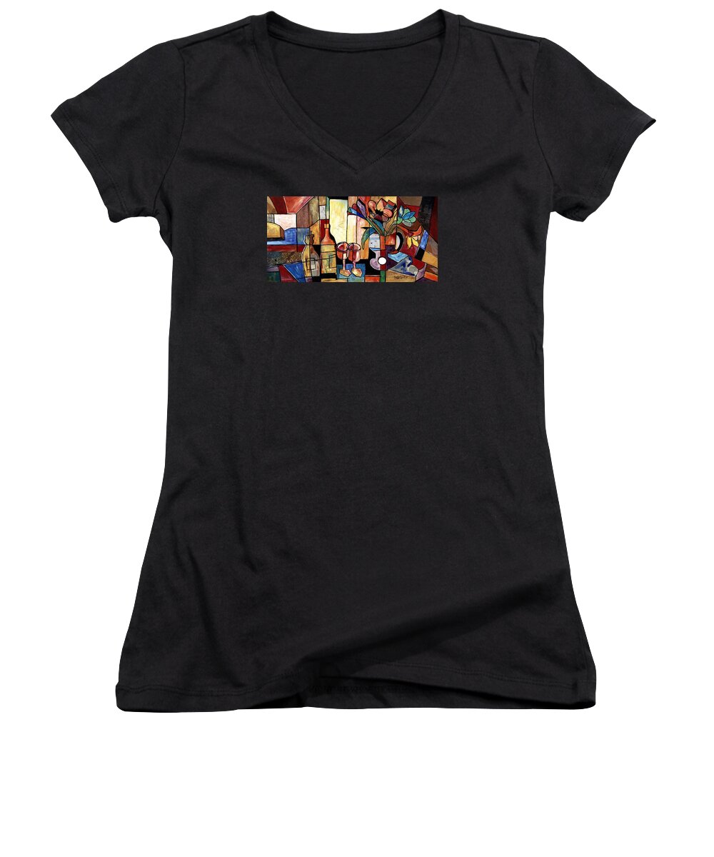 Everett Spruill Women's V-Neck featuring the painting Still Life with Wine and Flowers for two take 2 by Everett Spruill