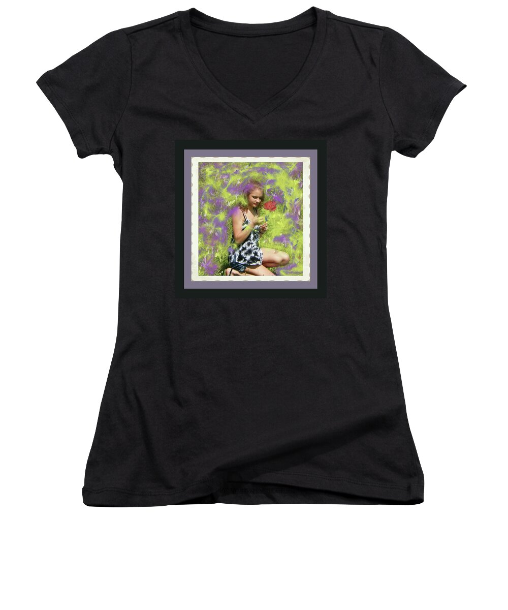 Girl Women's V-Neck featuring the photograph Sweet Girl by Shirley Moravec